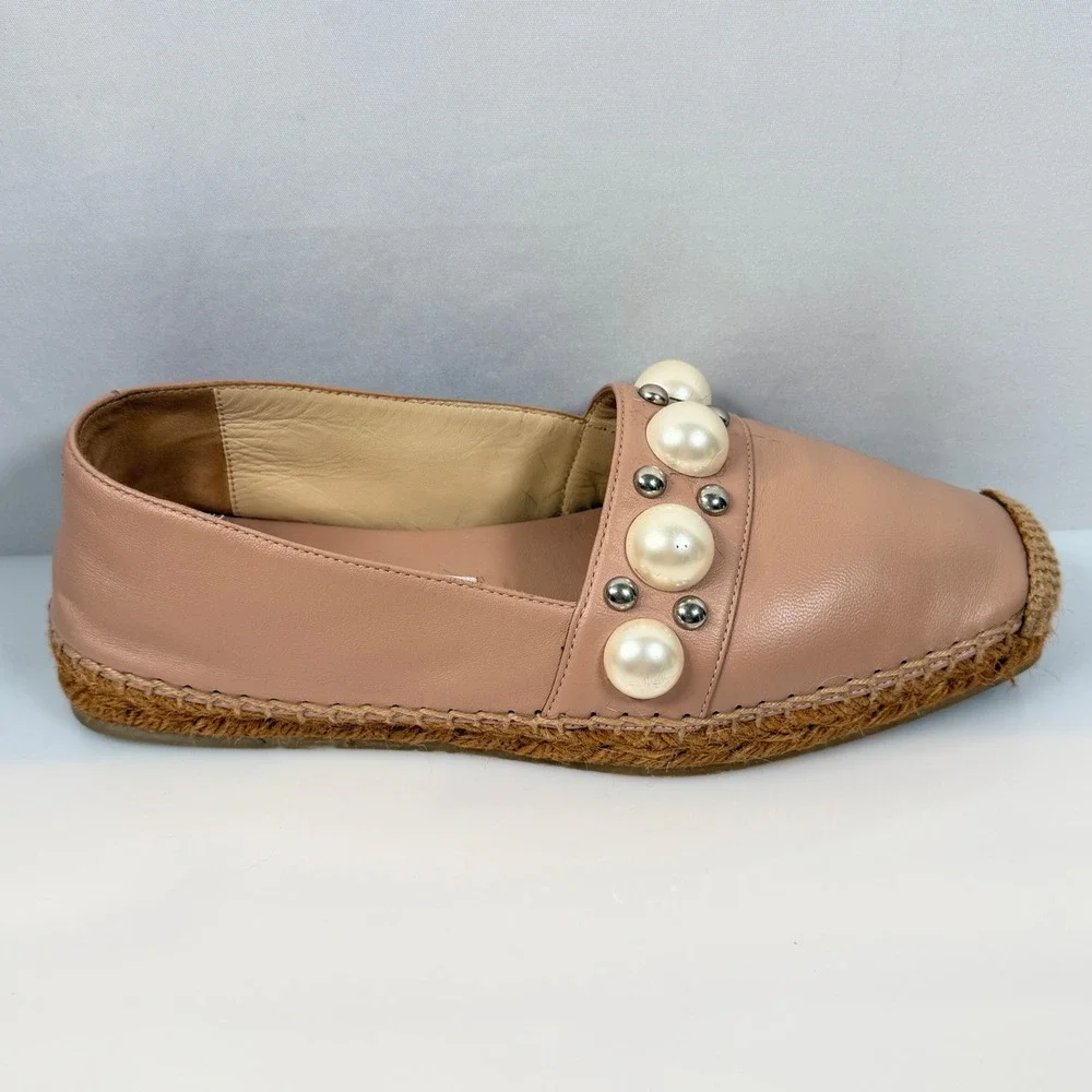 Jimmy Choo Blush Dru Leather Pearl Studded Espadrille Flats Pink Womens 36 6